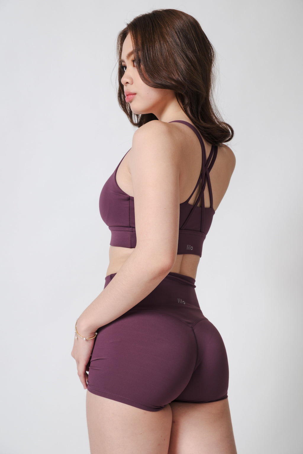 Flow State Shorts Series Plum Alex is 5'3 wearing S