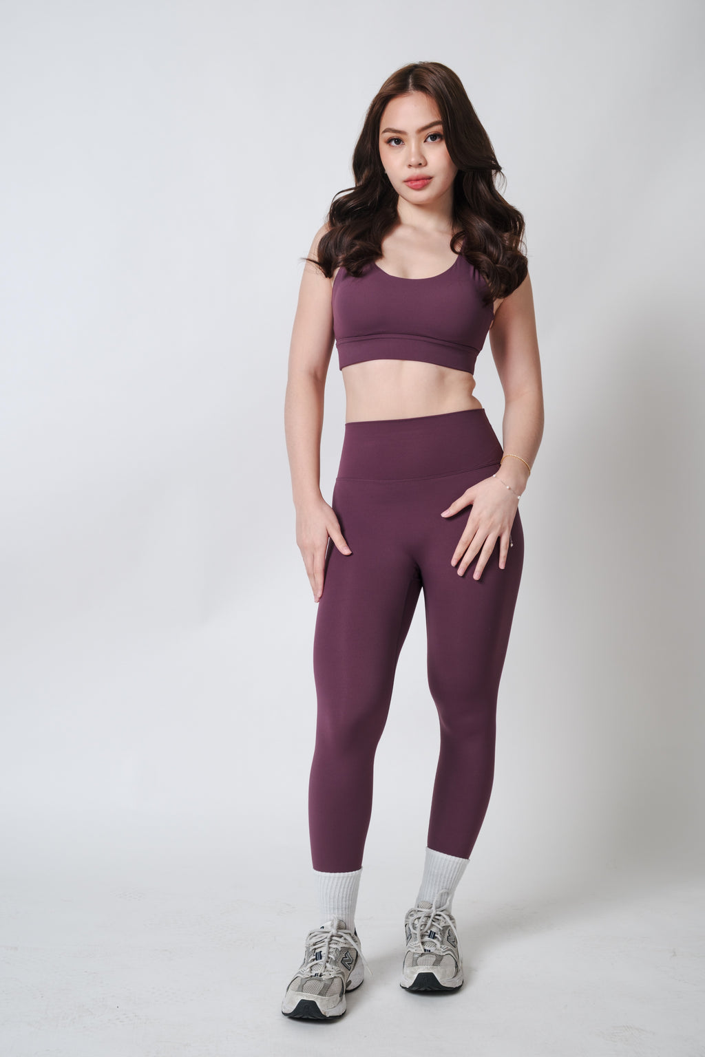 Flow State Criss Cross Sport Bra Series Plum Alex is 5'3 wearing S