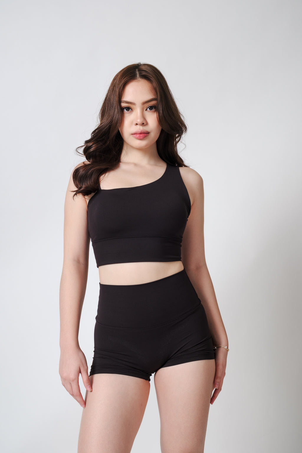 Flow State Asymmetric Active Bra Inkline Black Alex is 5'3 wearing S