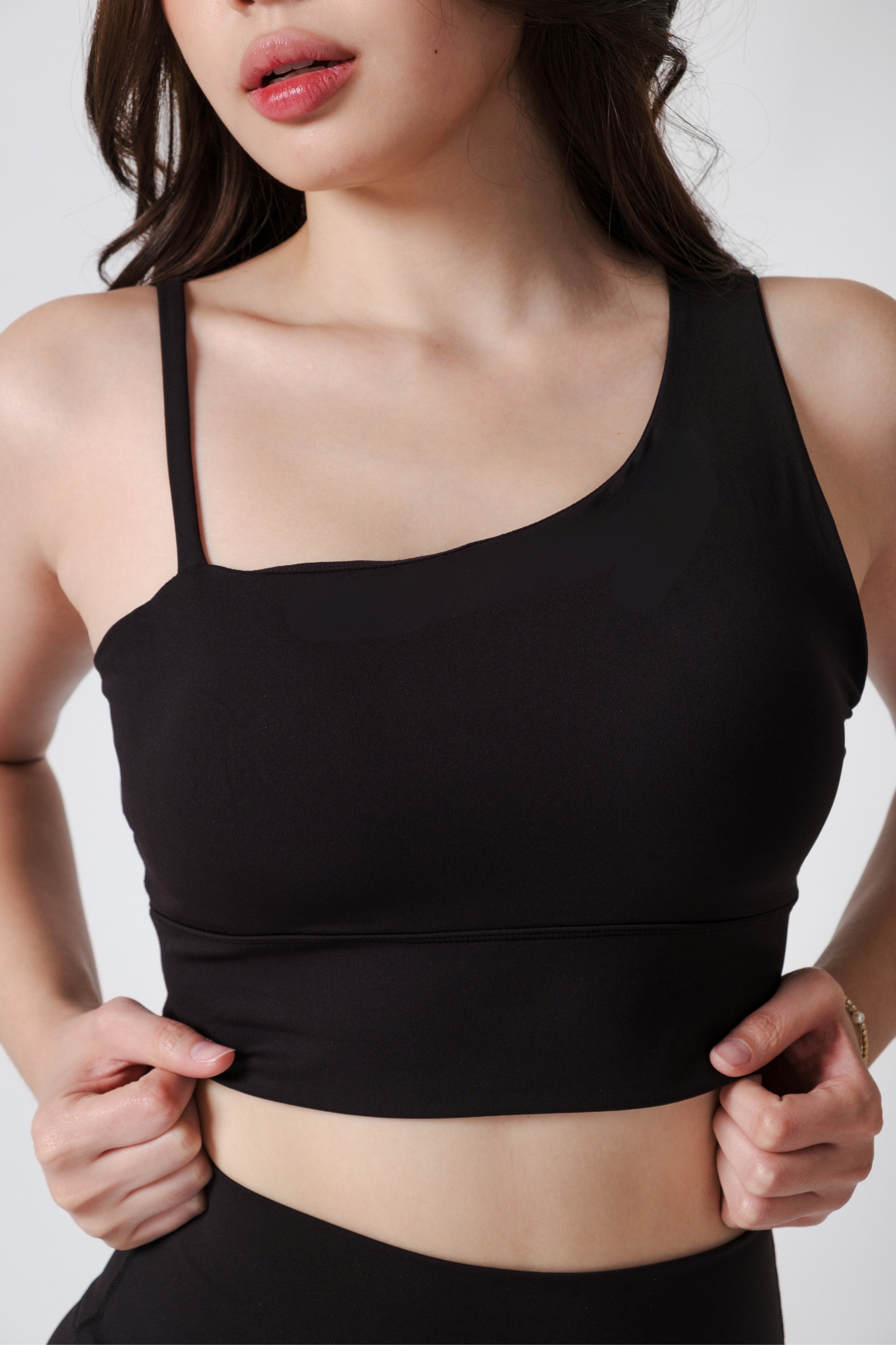 Flow State Asymmetric Active Bra Inkline Black Alex is 5'3 wearing S